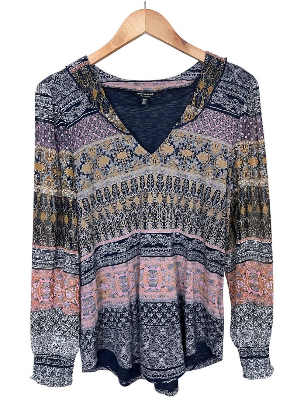 Lucky Brand Boho Border Print Sheer Sleeve Long Sleeve Top Size M